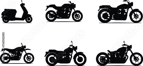 Motorcycle silhouette illustration set, scooter and bike icons, cruiser chopper dirt bike artwork, transportation design, stylish vehicle graphic bundle