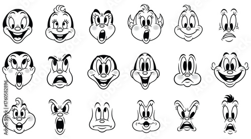 Vector art of collection of cartoon faces with various expressions vintage vector illustration of funny characters for animation, comics, or retro design projects