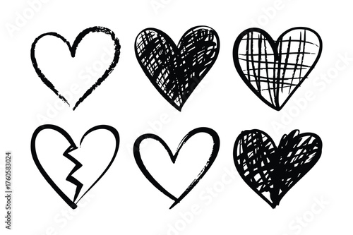 Collection of six hand drawn black and white heart illustrations with different textures and styles