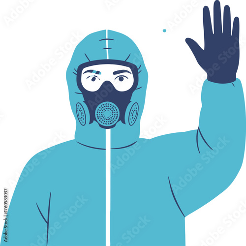 Person wearing a blue hazmat suit and gas mask with hand raised in a stop gesture against a light background