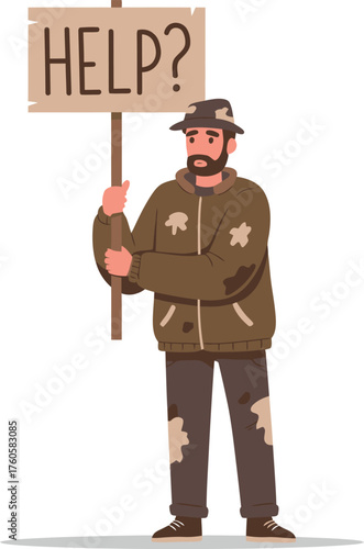 A man in worn clothing holding a sign asking for help representing homelessness and poverty