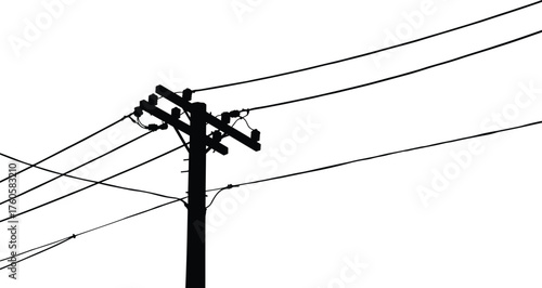 Silhouette vector illustration of utility pole with power lines, electrical distribution structure, urban infrastructure, energy supply, telecommunications network, minimalist design