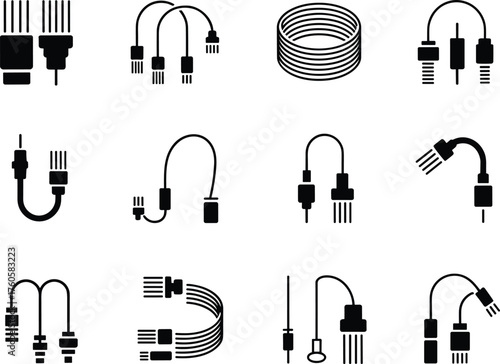 Electrical connector cable icon set, USB plug illustration, coiled wire artwork, electronic hardware design, technology silhouette graphic collection
