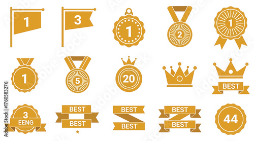 Vector art of set of golden award icons collection of medal, ribbon, and crown symbols for achievement, success, and victory graphic design elements for sports, business, and education