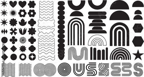 Abstract black geometric shapes and icons modern brutalist figures in stylish Swiss design aesthetic.eps