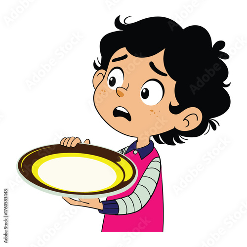 Concerned cartoon child holding empty plate expressing worry with big eyes and frowning mouth