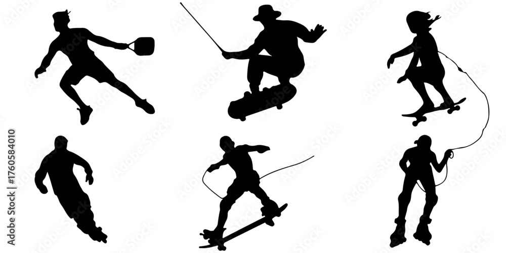 Obraz premium Dynamic silhouettes of athletes in action basketball skateboarding rollerblading soccer sporty lifestyle diverse activities silhouette