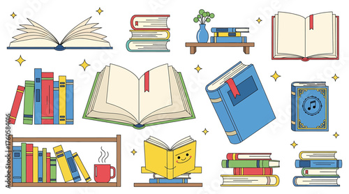 Vector art of collection of colorful book illustrations, ideal for educational content, library designs, and promoting the joy of reading