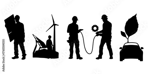 Silhouettes of workers installing solar panels wind turbines and charging electric vehicles symbolizing renewable energy solutions and sustainability silhouette