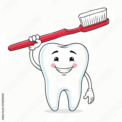 Cute cartoon tooth character holding a red toothbrush for dental hygiene concept.