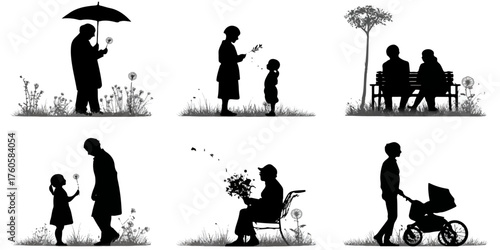  silhouettes depicting intergenerational connections love and care in various outdoor scenes silhouette