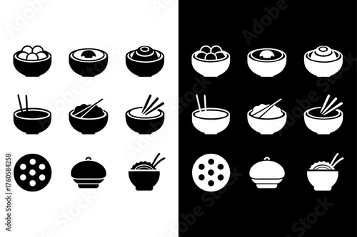 Black and White Asian Food Illustration – Sushi, Rice, Noodles.
