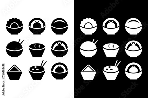 Noodles, Sushi, and Rice Bowl with Chopsticks – Black and White PNG.
