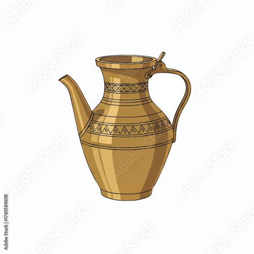 Traditional vintage brass pitcher with decorative patterns isolated on a white background.