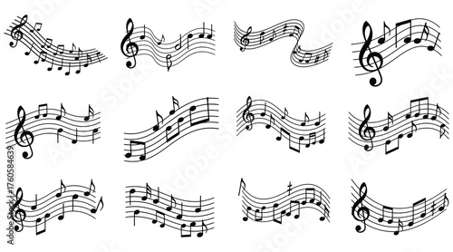 Vector art of collection of musical notes and symbols arranged in a flowing pattern, these musical elements create a visual representation of melody and harmony
