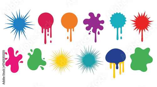 Vector art of colorful paint splatters, featuring various shapes, drips, and textures for artistic design elements and creative graphic resources