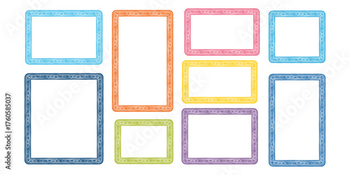 Collection of nine hand drawn colorful rectangular and square borders and frames with textured edges on a white background