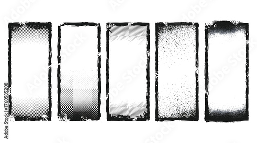 Vector art of set of five grunge frames distressed borders with various textures, including halftone, hatching, and noise perfect for adding a vintage or edgy look to photos