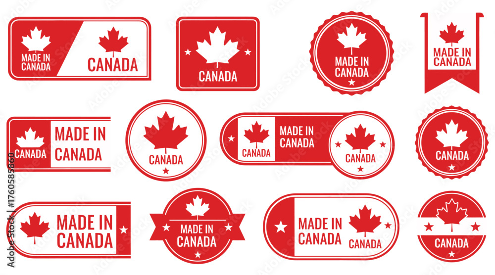 Obraz premium Vector art of collection of red and white made in canada labels, featuring maple leaf symbols, perfect for showcasing canadian products and supporting local businesses