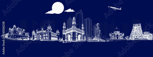 Hyderabad Skyline with Charminar, Golconda Fort, and Hussain Sagar Lake – Cultural Tourism Landmark Art for Travel and Promotion