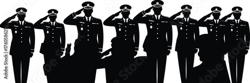 Military ceremony, uniformed personnel, formal salute, aviation team, discipline, teamwork, honor, respect, black and white, silhouette, graduation, l