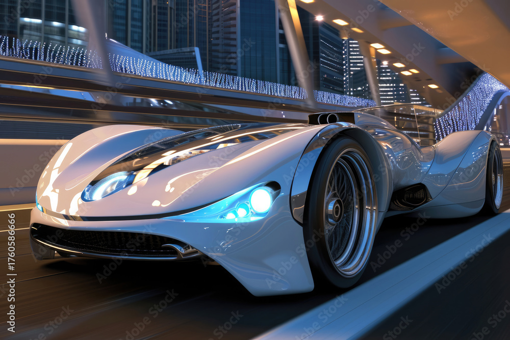 Fototapeta premium 未来都市を走る流線型デザインのハイテクコンセプトカー