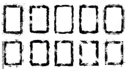 Vector art of collection of ten grunge frames, offering a variety of textured borders for artistic projects, adding a raw and authentic touch to designs