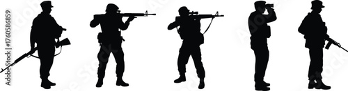 Soldier silhouettes set, armed military poses, rifle aiming, binoculars stance, tactical gear, black vector, combat illustration, defense icon, isolated