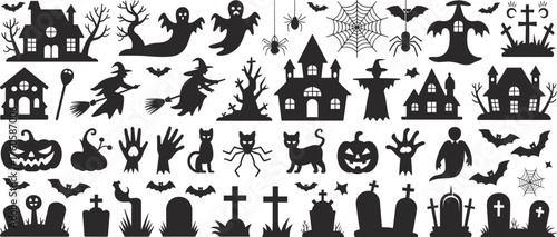 Halloween silhouette collection, haunted house ghost witch bat pumpkin icons, spooky festive artwork, eerie seasonal design, creepy dark graphic set