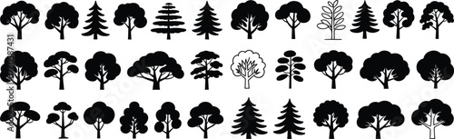 Tree silhouette icon collection, diverse botanical designs, coniferous deciduous tree artwork, black forest graphics, decorative nature illustration set