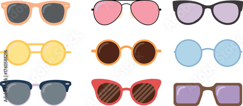 Sunglasses illustration set, fashion eyewear icons, stylish glasses artwork, trendy accessory design, colorful frames collection, decorative fashion graphic bundle