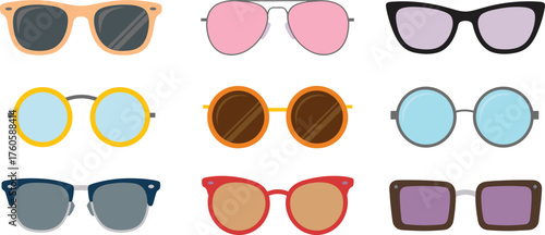 Sunglasses illustration set, trendy eyewear icons, stylish glasses artwork, fashion accessory design, colorful frames collection, decorative lifestyle graphic bundle