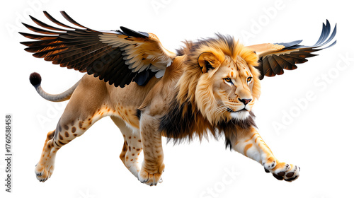 Majestic flying lion with eagle wings on a transparent background