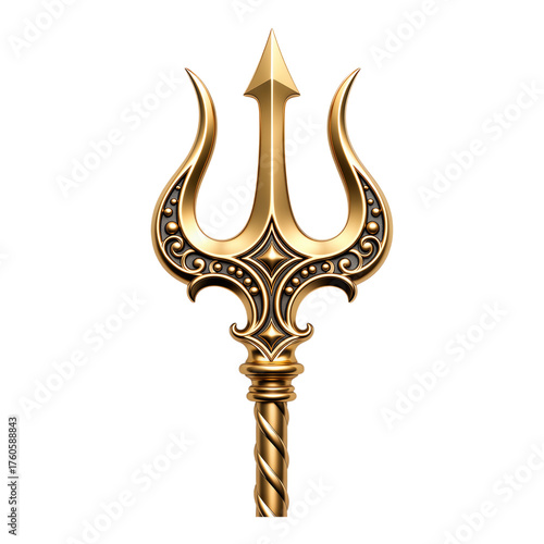 Gold Trident with Intricate Design, Transparent Background, 3D Realism Asset