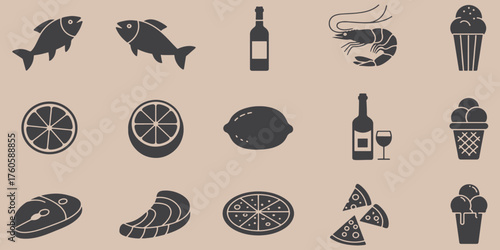Assorted food and drink icons including fish, wine, lemon, shrimp, pizza and ice cream on tan background