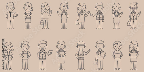 Line drawing of diverse professionals standing and smiling on a beige background in a cartoon style
