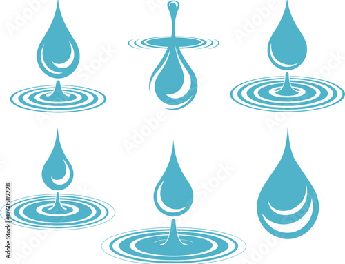 Water droplet illustration set, ripple surface artwork, fluid motion design, symbolic purity freshness graphics, decorative minimal nature icon collection