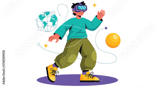 Vector art of man wearing virtual reality headset interacting with digital world concept of augmented reality, future technology, and immersive experience vector illustration