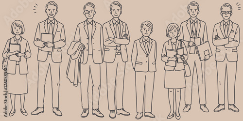 Illustration of a group of business people standing in suits and dresses in a line together smiling