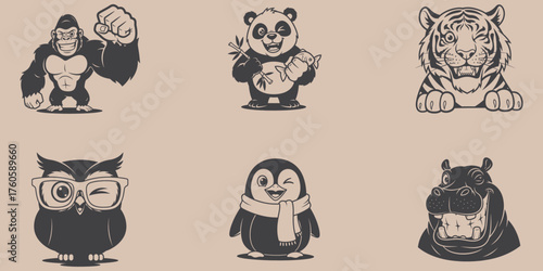 Illustrations of gorilla panda tiger owl penguin and hippo animals with winking and smiling expressions
