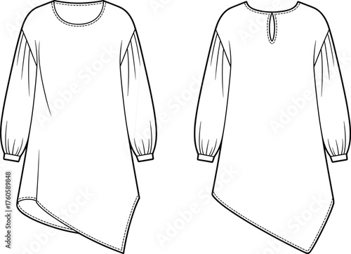 Asymmetrical hem blouse flat sketch, long sleeve tunic top, fashion CAD drawing, women’s top template, gathered sleeves, front and back view