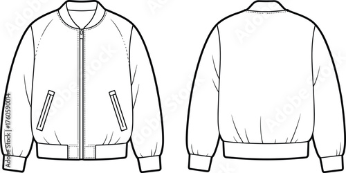 Bomber jacket flat sketch, technical fashion drawing, vector CAD illustration, front and back view, apparel design template, unisex outerwear fashion design
