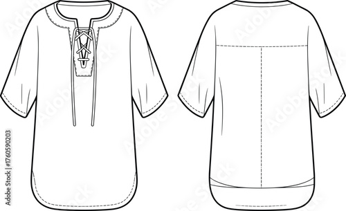 Lace up tunic top flat sketch, half sleeve blouse design, technical fashion drawing, vector CAD illustration, front and back view template