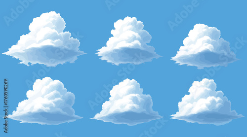 Vector art of a collection of six fluffy white clouds floating in a clear blue sky, creating a serene and peaceful atmosphere