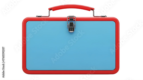 Isolated blue and red metal lunchbox for kids school lunch container food carrier retro style vintage box on transparent background