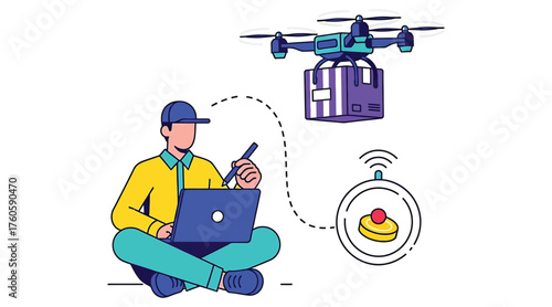 Vector art of a man is sitting crosslegged with a laptop and controlling a drone that is delivering a package, the drone is connected to the laptop via a wireless signal