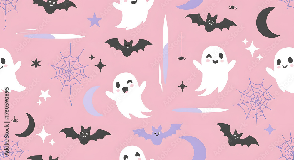 Fototapeta premium Whimsical Halloween Design: A playful collection of charming cartoon ghosts, bats, stars, cobwebs, and crescent moons adorn a soft pink canvas, perfect for the spooktacular season. 