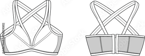 Technical sports bra front and back view with crisscross straps, contour seams, breathable panels, fashion flat vector illustration