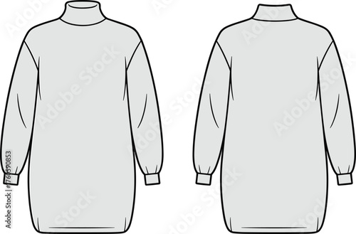 Turtleneck sweater dress flat sketch, long sleeve dress, mock neck dress, fashion CAD drawing, vector clothing template, front and back view
