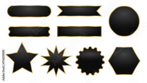 Black and Gold vector shape badges and banners set – star, circle, hexagon, and ribbon styles for labels or text placeholders